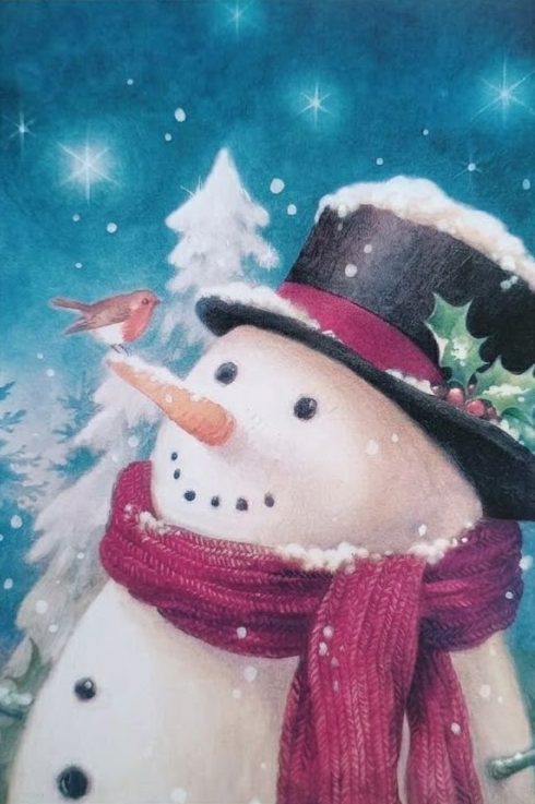 Christmas card: smiling snowman with a red scarf and a robin on his nose