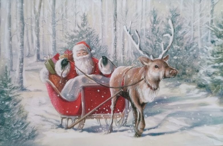 Christmas card: Santa in a red sleigh pulled by a reindeer through a snowy forest