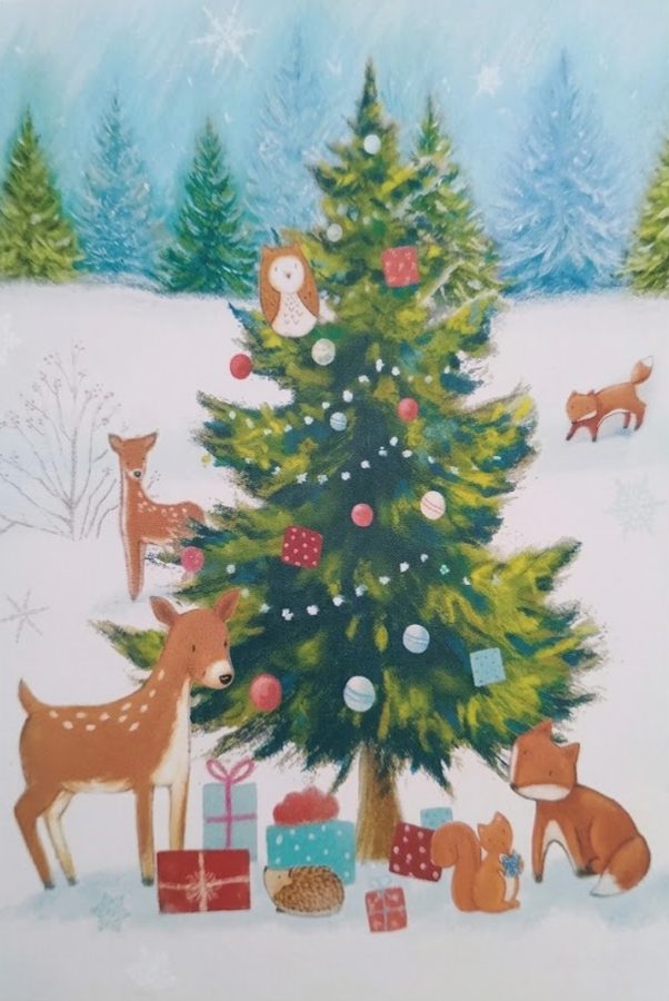 Christmas card: decorated fir tree with a deer, foxes, an owl and a squirrel