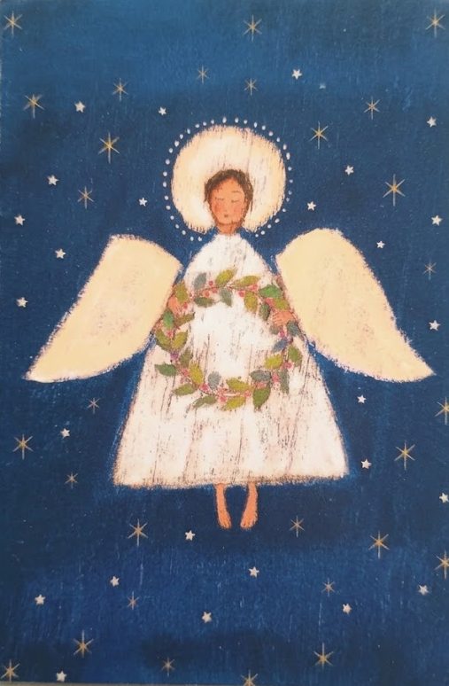 Christmas card: angel with a holly wreath on a starry blue night