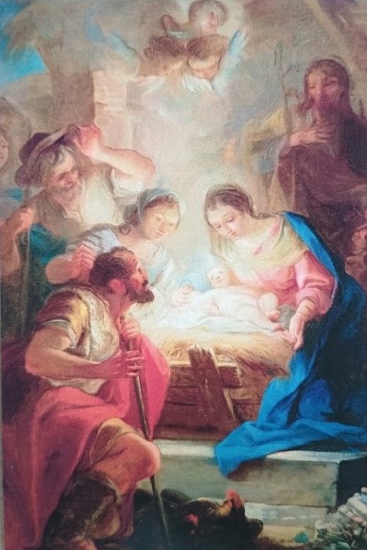 Christmas card: classic painting of the Nativity with shepherds